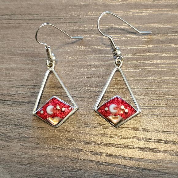 Alpaca Silver Dangle Diamond Cutout Earrings with Pink Sky with Moon & Stars - Picture 5 of 6